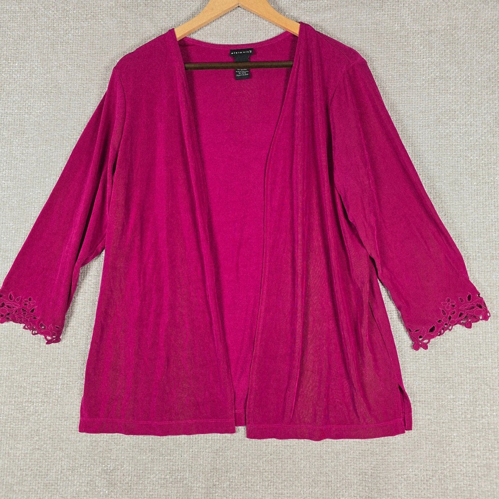 Citiknit Womens Fuchsia Pink Open Front Cardigan Eyelet 3/4 Sleeve Size M